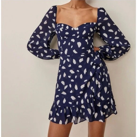 Reformation Dresses & Skirts - Reformation Cammi Dress Splatter Polka Dot Blue Mini Size 2 Puff‎ Sleeve Ruffle